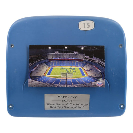 Highmark Stadium Marv Levy Autographed HOF Photo & Nameplate On Authentic Seatback (Pre-Order)