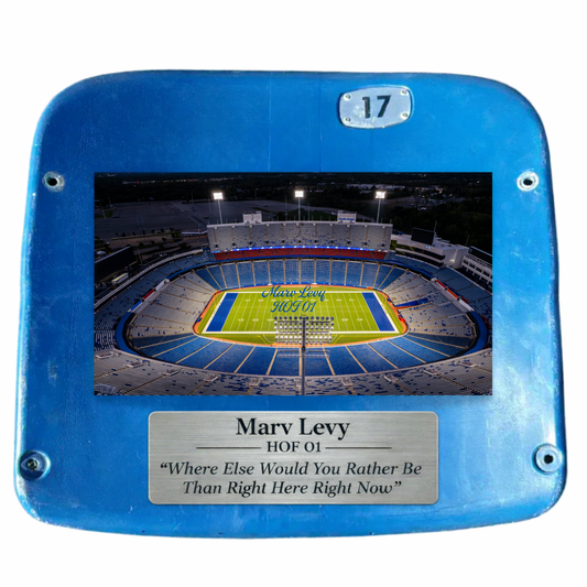 Highmark Stadium Marv Levy Autographed HOF Photo & Nameplate On Authentic Seatback (Pre-Order)
